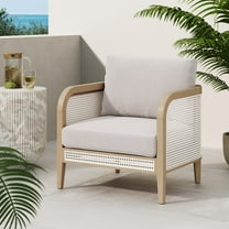 Nathan James Twila Boho Rattan Chair, Outdoor Lounge Chair, Cushioned Patio Chairs with Rattan Arms, Solid Wood Frame, Gray Linen