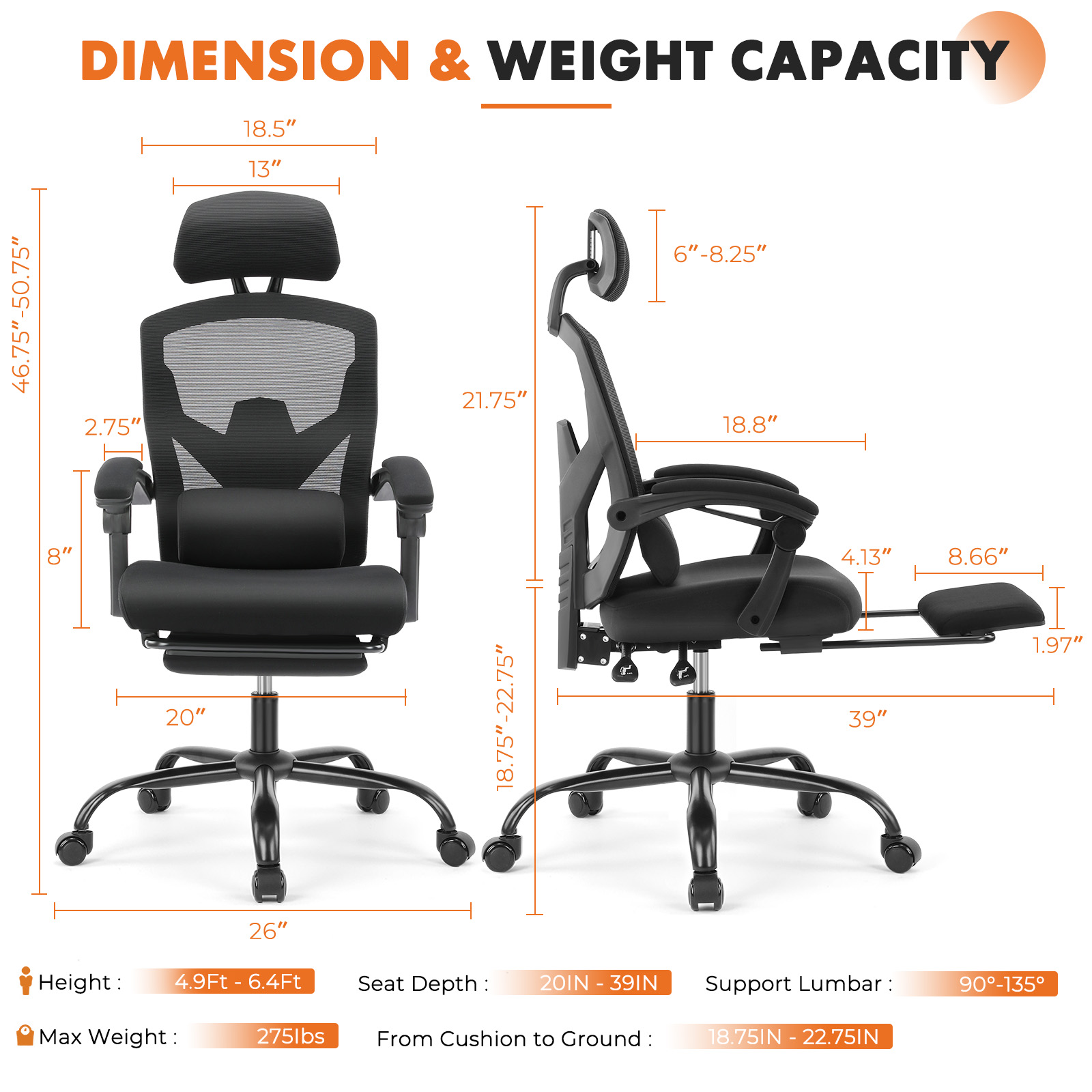 CONCETTA Ergonomic Mesh Office Chair, High Back Swivel Chairs with Adjustable Lumbar Support, Headrest, Footrest, and Armrests, Black