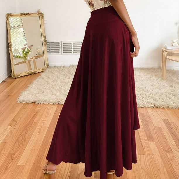 Falda Casual Falda Casual Faldas Largas Asimétricas Hendidura Envoltura Elástica para Mujer (Rojo Vino XL) Kuymtek para Mujer Vino rojo T M