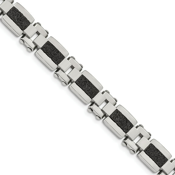 Chisel Stainless Steel Polished Black IP-plated Textured Wire Inlay 8.5 Inch Bracelet