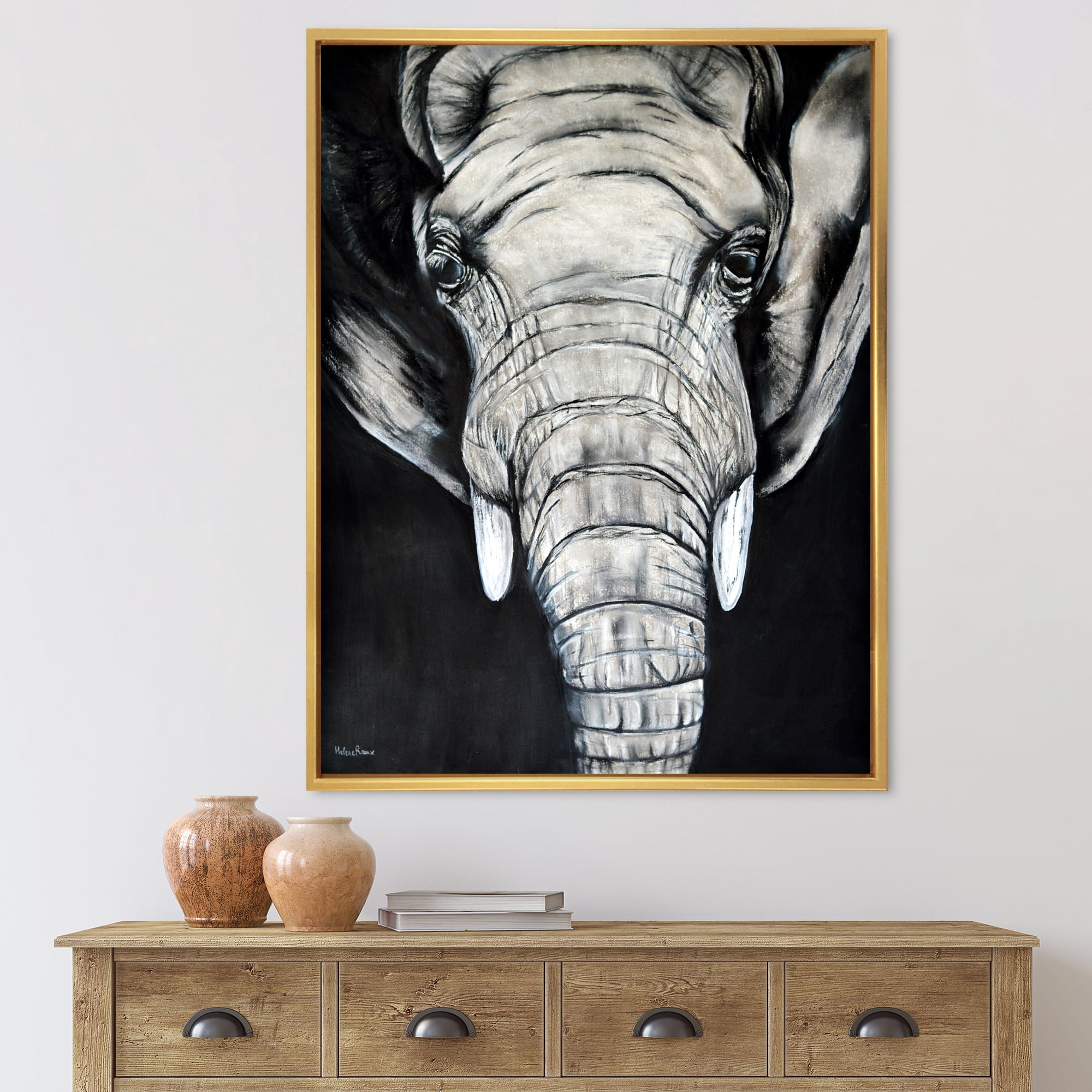 The Close Up Portrait Of An African Elephant 12 in x 20 in Framed Painting Canvas Art Print, by Designart