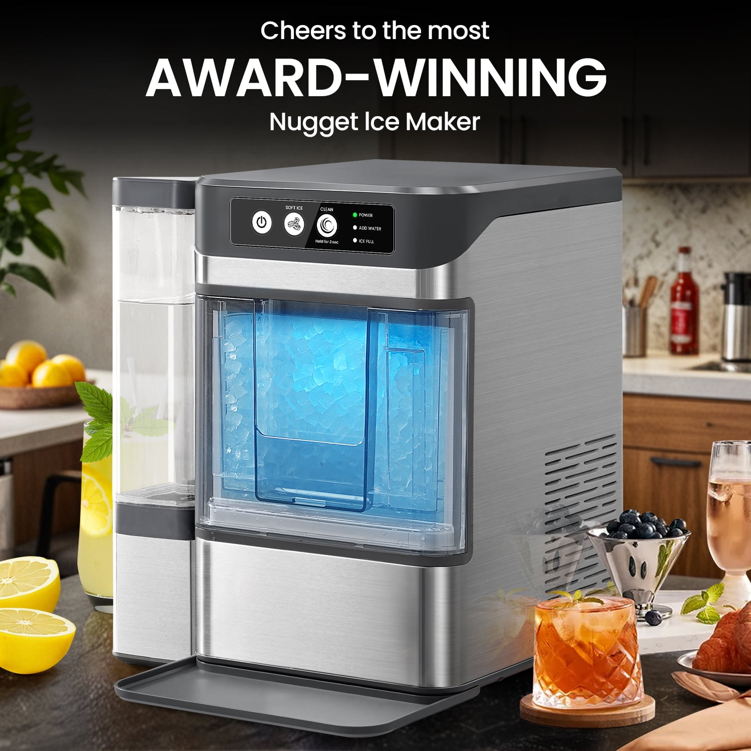 THLAND Chewable Crunchable Countertop Nugget Ice Maker with 0.793 Gallon Tank，Large Capacity Ice Makers Countertop,41Lbs/24H, Self-Cleaning, One-Click Operation, Stainless Steel Silver