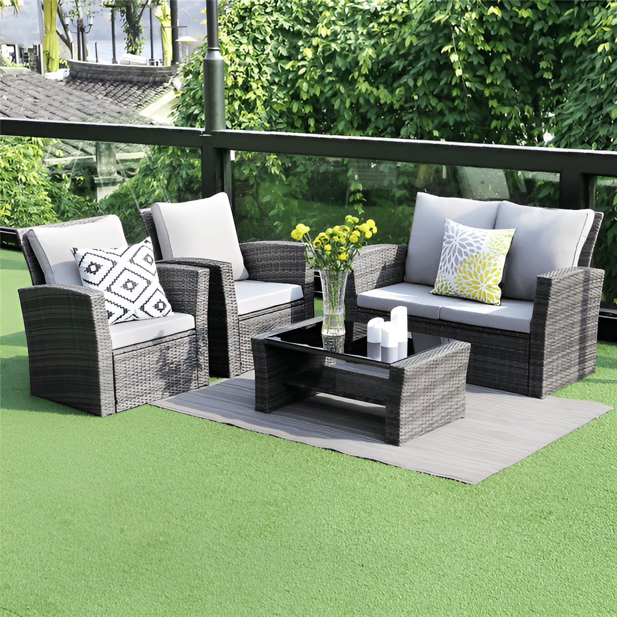 All-Weather Outdoor Patio Furniture Set - 4-Piece Wicker Rattan Sectional Conversation Set with Table and Cushions, Gray