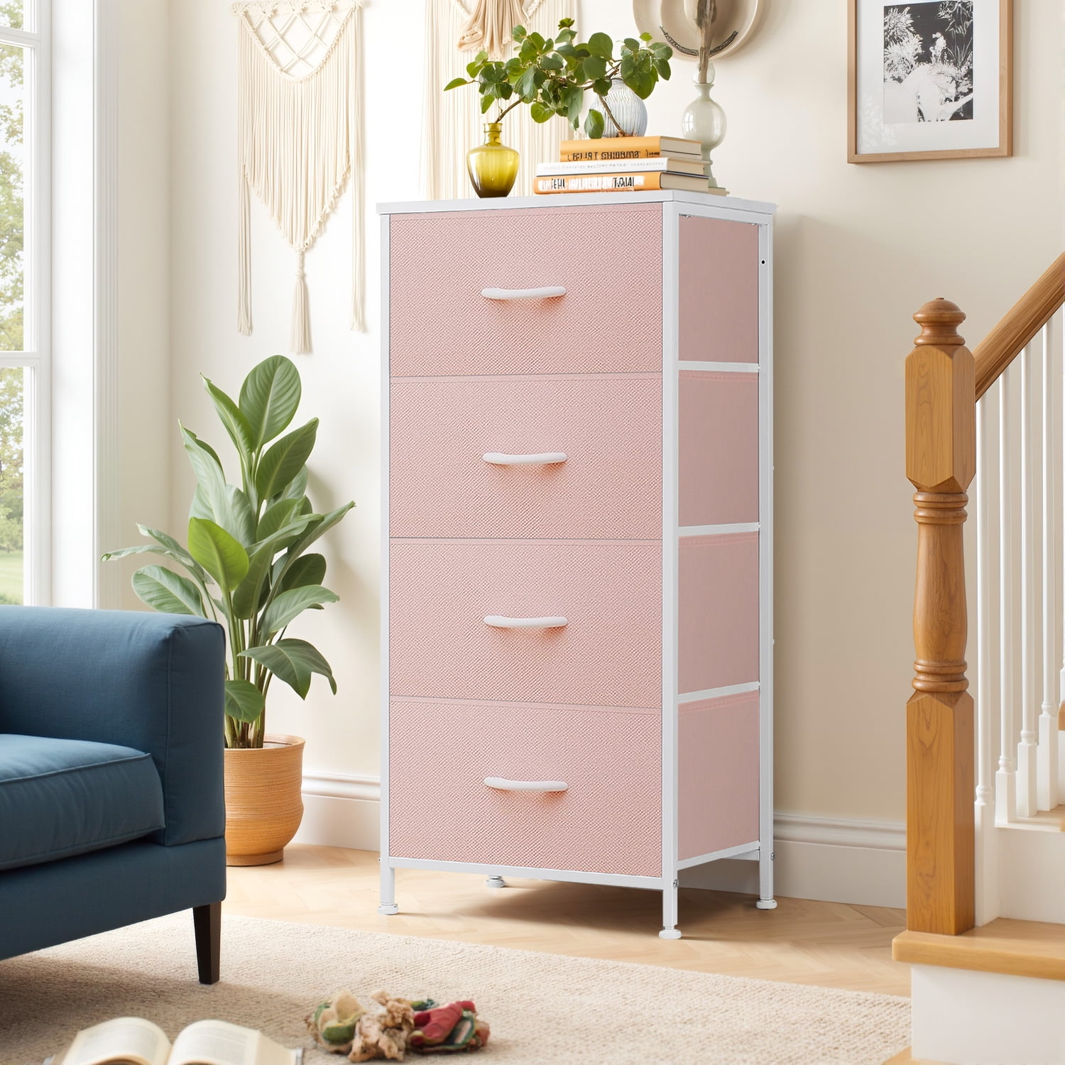 Beddle Dresser with 4 Fabric Drawers for Bedroom, Wide Storage Chest with Drawer Organizer for Closet or Living Room, Pink