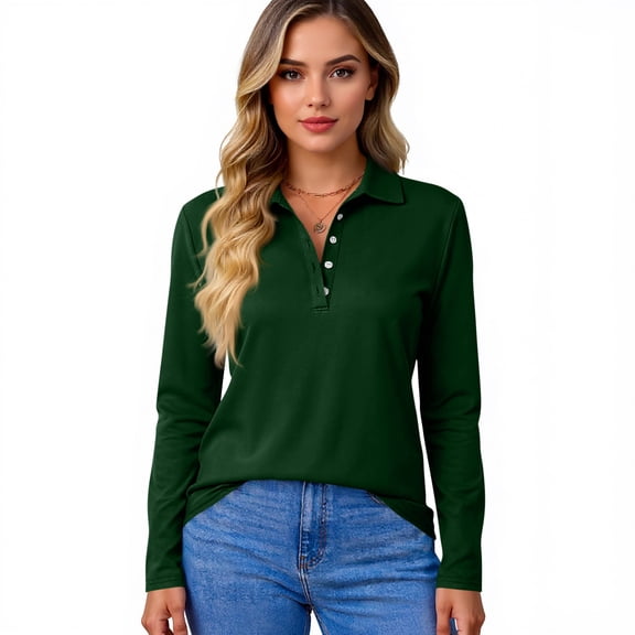 HAJWOH Womens Polo Uniform Shirts M Long Sleeve Top Casual Button Down T-Shirt 2026 Spring New Collared Golf Polo Shirts Comfy Blouse Dark Green M