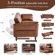 83 Faux Leather Sofa,Mid Century Modern Convertible Futon Sofa Bed with Adjustable Armrest and Backrest,2 Pillows for Living Room,Office,Brown