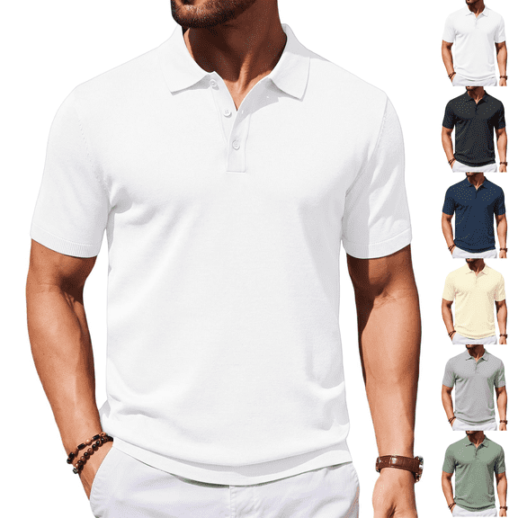 Men's Polo Shirts Heavyweight Short Sleeve Button Golf Shirts Classic Pullover Ribbed Collar and Cuffs White M