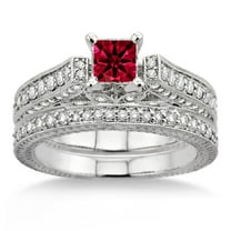 Extraordinary Fantastic Mind Blowing Moissanite Diamond 2.75 Carat Princess Cut Red Ruby Antique Bridal Set Engagement Ring on 10k White Gold