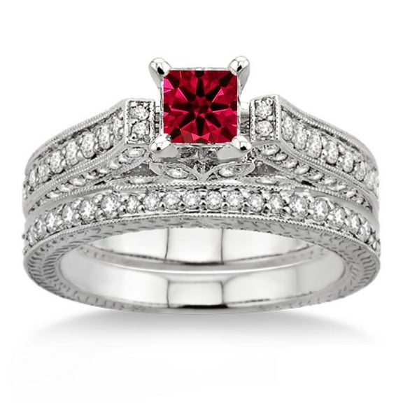 Extraordinary Fantastic Mind Blowing Moissanite Diamond 2.75 Carat Princess Cut Red Ruby Antique Bridal Set Engagement Ring on 10k White Gold