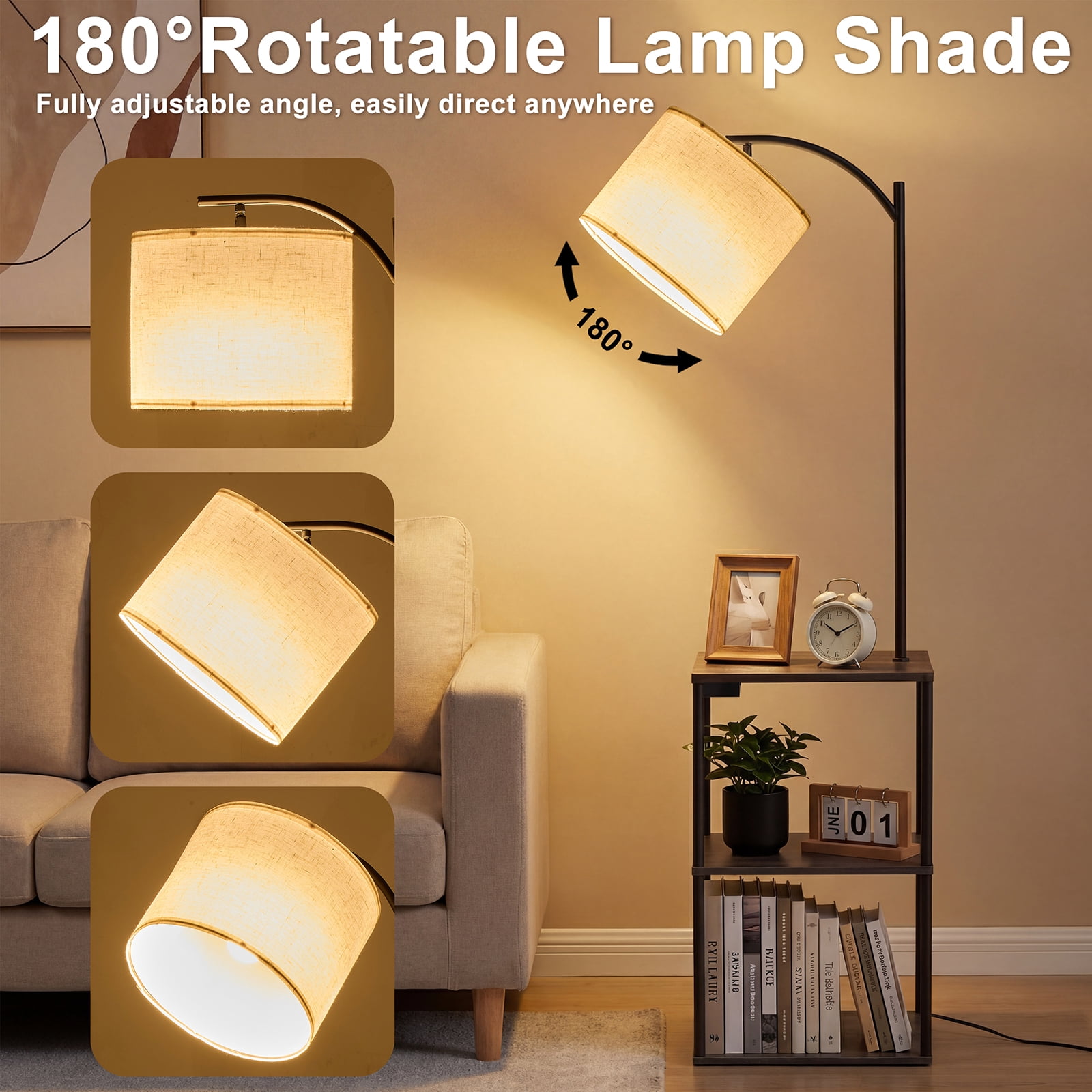 Vesteel Floor Lamp with Table, End Table with Charging Station(USB & Type-C & AC Port), Shelves Side Table with 3 Color Temperature LED Bulb, Nightstand Lamp for Living Room, Bedroom