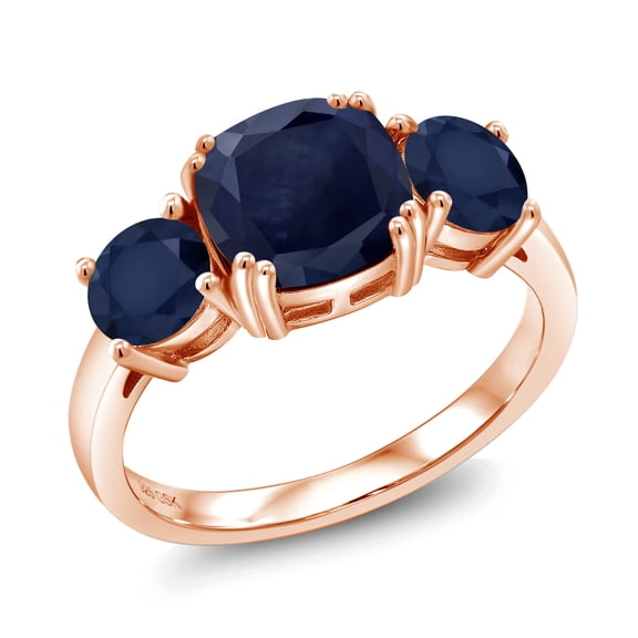 Gem Stone King 18K Rose Gold Plated Silver Blue Sapphire 3 Stone Engagement Ring for Women (4.02 Cttw, Gemstone September Birthstone, Cushion 8MM, Size 9)