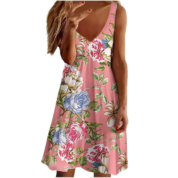 Mini vestido casual sin mangas con cuello en V y estampado de flores de verano para mujer Fridja hj251