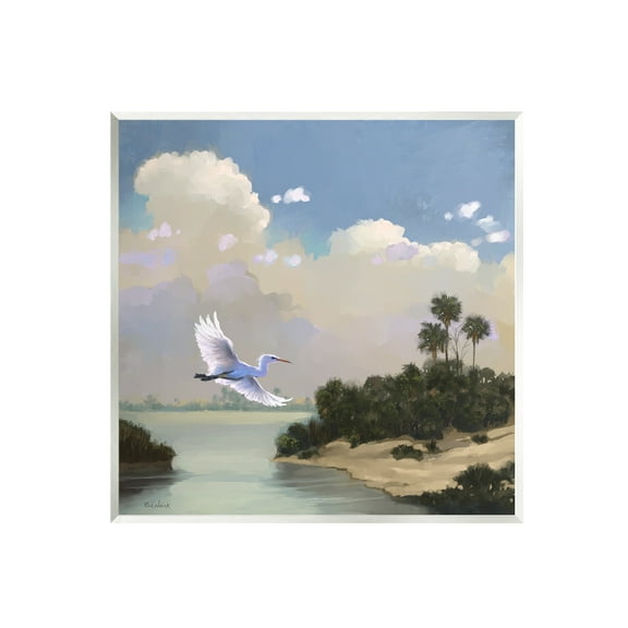 Stupell Heron Flying Over Coastal Inlet Nature Landscape Painting Wall Plaque Unframed Art Print Wall Art
