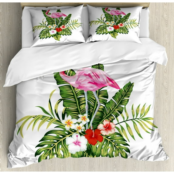 Vintage Palm Duvet Cover Set Queen Size, Exotic Bird Flamingo with Endemic Flowers and Leaves Jungle Theme, Decorative 3 Piece Bedding Set with 2 Pillow Shams, White and Multicolor, by Ambesonne