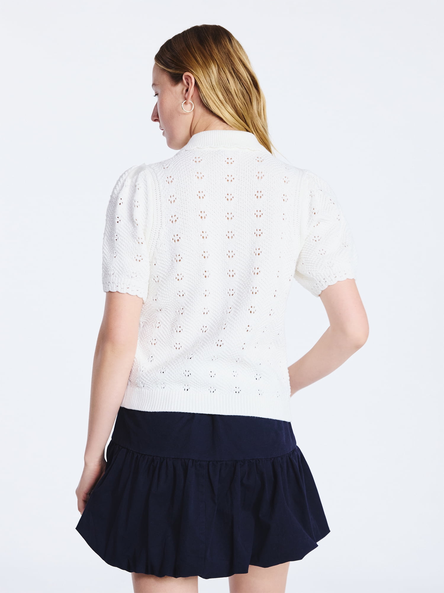 Free Assembly Women's and Women's Plus Cotton Pointelle Cardigan Sweater with Short Sleeves, Lightweight, Sizes XS-4X