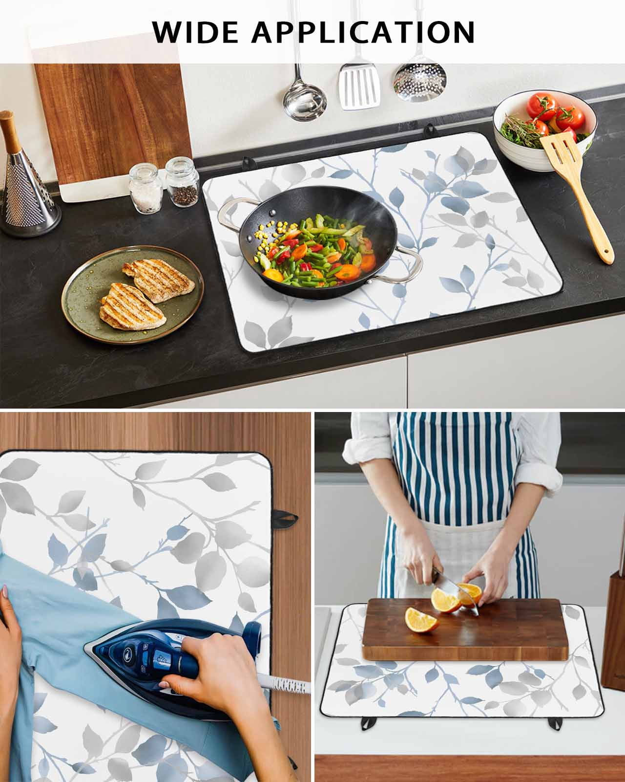 nqOlkjepod Large Induction Cooktop Protector Mat 24"x21", Blue Branches Leaves Stove Top Covers for Electric Stove, Spring Summer Botanical Pastoral Stove Burner Cover Mats, Glass Top Stove Cover