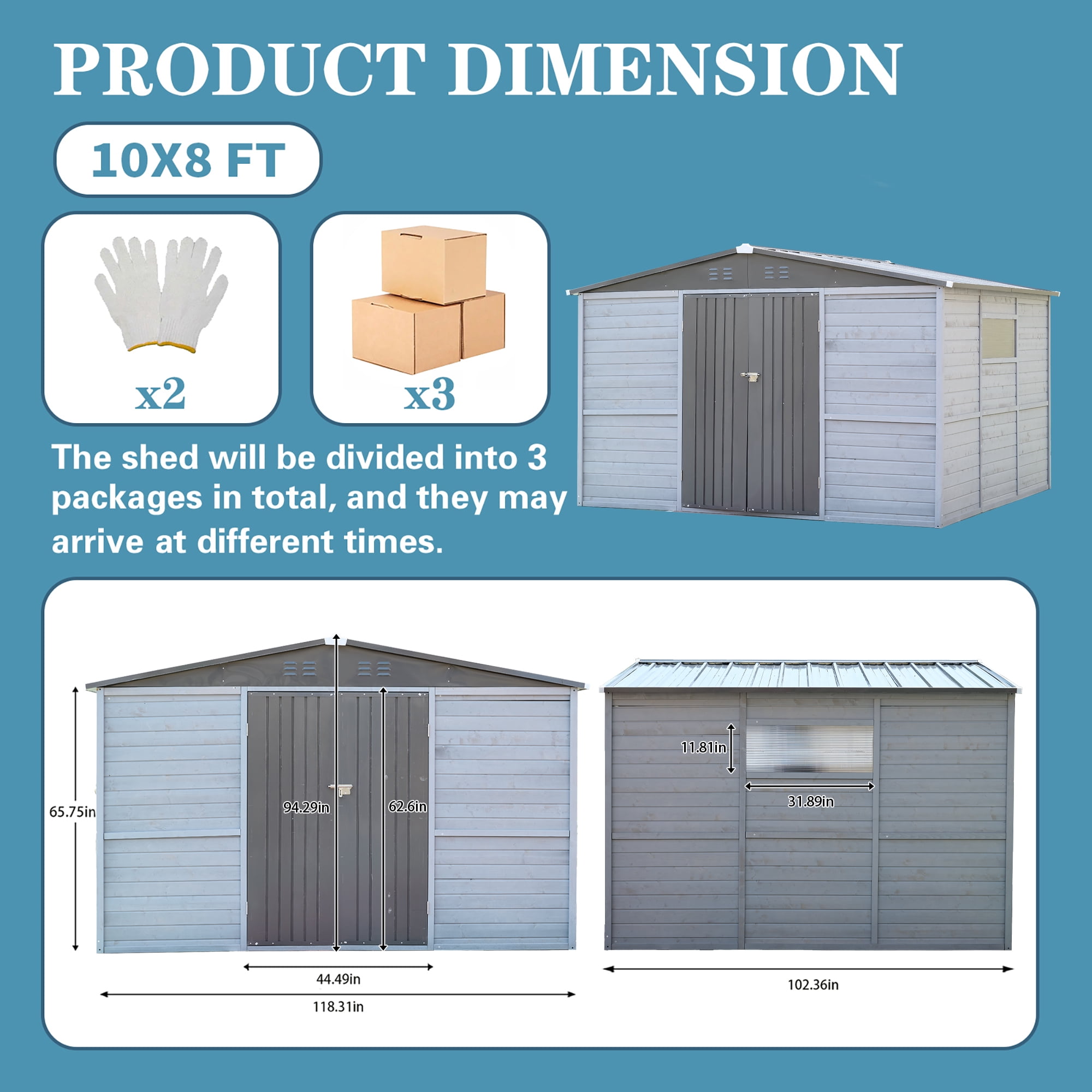 10 ft.  x 8 ft.  Outdoor Iron & Solid Wood Tool Storage Shed with Two Doors and Windows