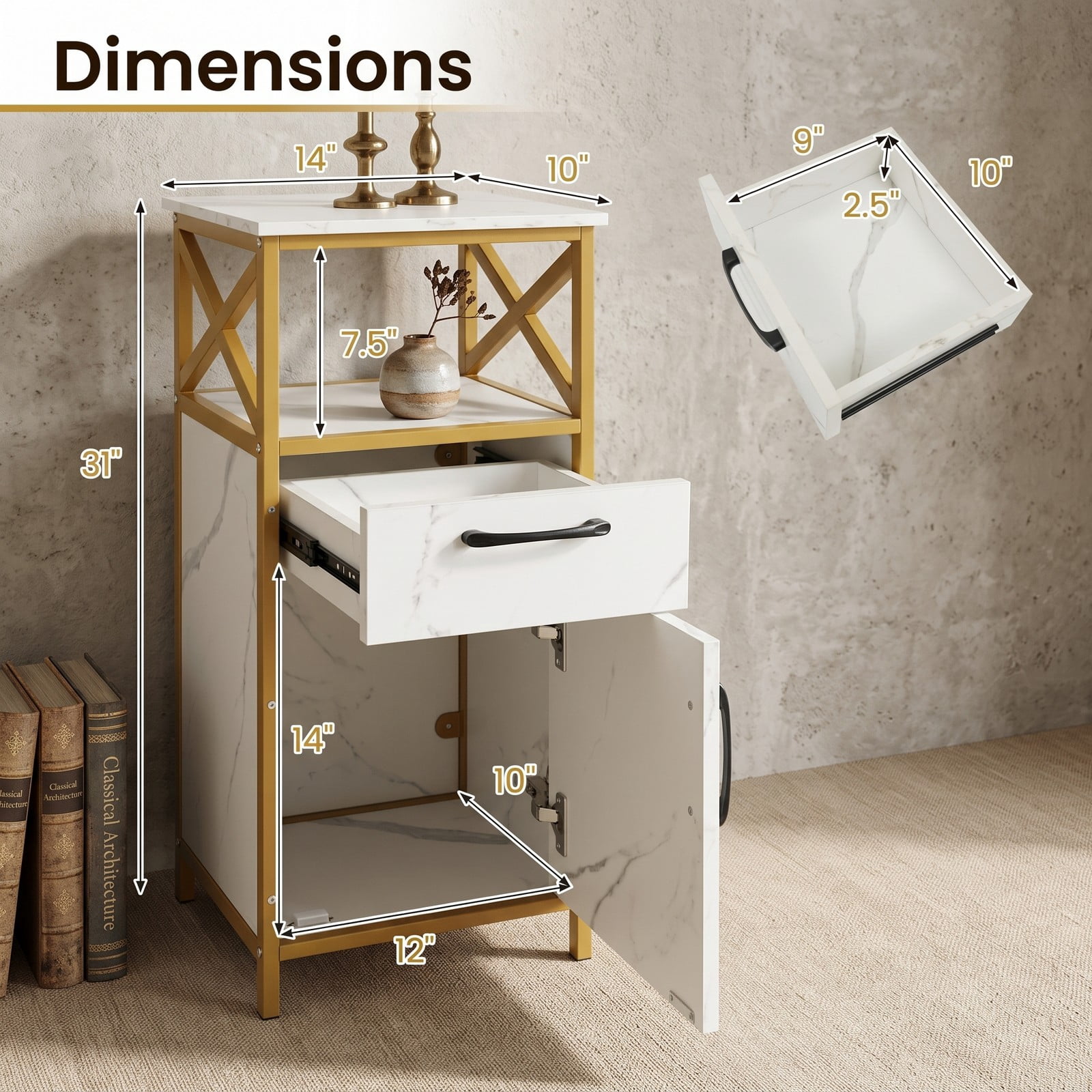 ALPULON Bathroom Storage Cabinet with Drawer, Freestanding Floor Cabinet with Single Door and Open Shelf, Faux Marble Storage Organizer with Golden Metal Frame, White