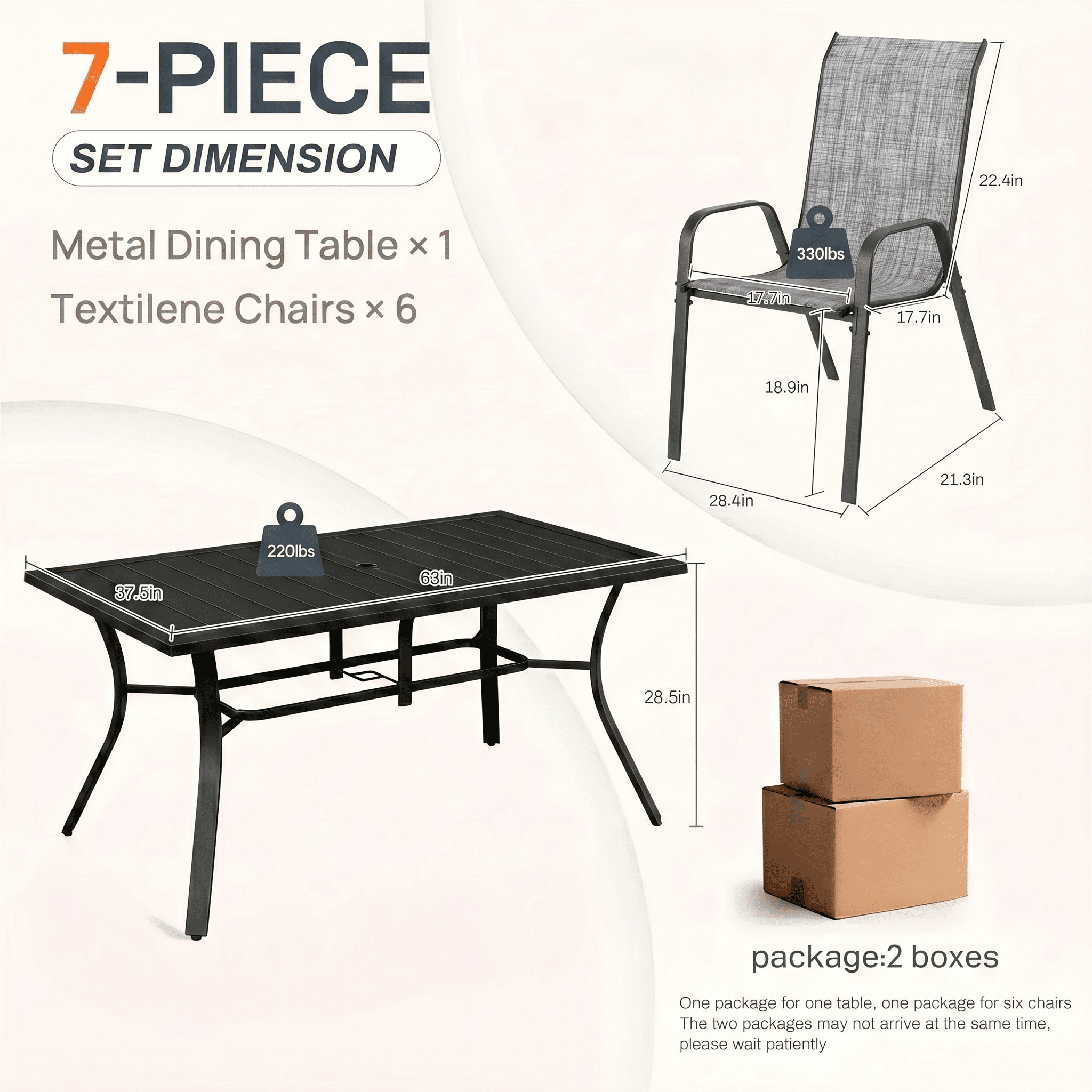TLSUNNY Outdoor Patio Dining Set for 6-Person, Rectangle Iron Table & Textilene Chairs, W/ Adjustable Umbrella & Foot Pads, for Deck, Garden, Party