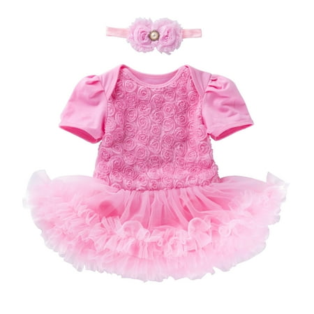 

Fesfesfes Toddler Baby Girls Dress Net Yarn Solid Color Rose Flower Romper Jumpsuit Short Skirt