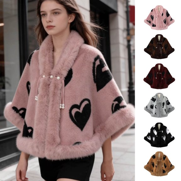 Fewfanhot Faux Fur Trim Printed Poncho Cape, Warm Fleece Lined Open Front Wrap Coat for Women Winter