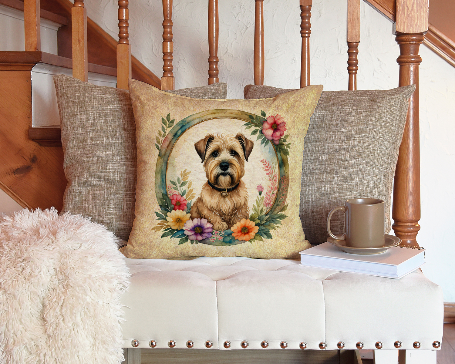 Wheaten Terrier and Flowers Fabric Decorative Pillow 14 in x 14 in