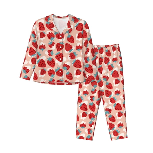 Balery Red Strawberry Conjunto de Pijama con Estampado para Mujer, Conjunto de Dos Piezas con Manga Larga, Ropa de Dormir Suave con Bolsillos, Pijamas Cómodos-Large