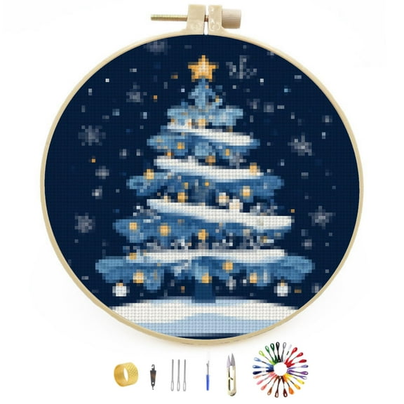 Merry Christmas Winter Christmas Tree DIY Stamped Cross Stitch Kits Easy for Beginners with Hoop 11CT Counted Embroidery Needlepoint Crafts Arts for Handmade Enthusiasts and Home Decor 30x30cm(3)