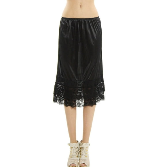 MELODY Long double lace satin half slip skirt extender underskirt- 24" length (BLACK, LARGE)