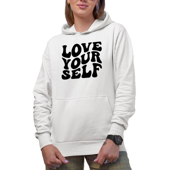 Love Your Self, Self-Love Quote, Groovy Retro Wavy Text Merch Gift, White Hooded Sweatshirt or Hoodie, Small