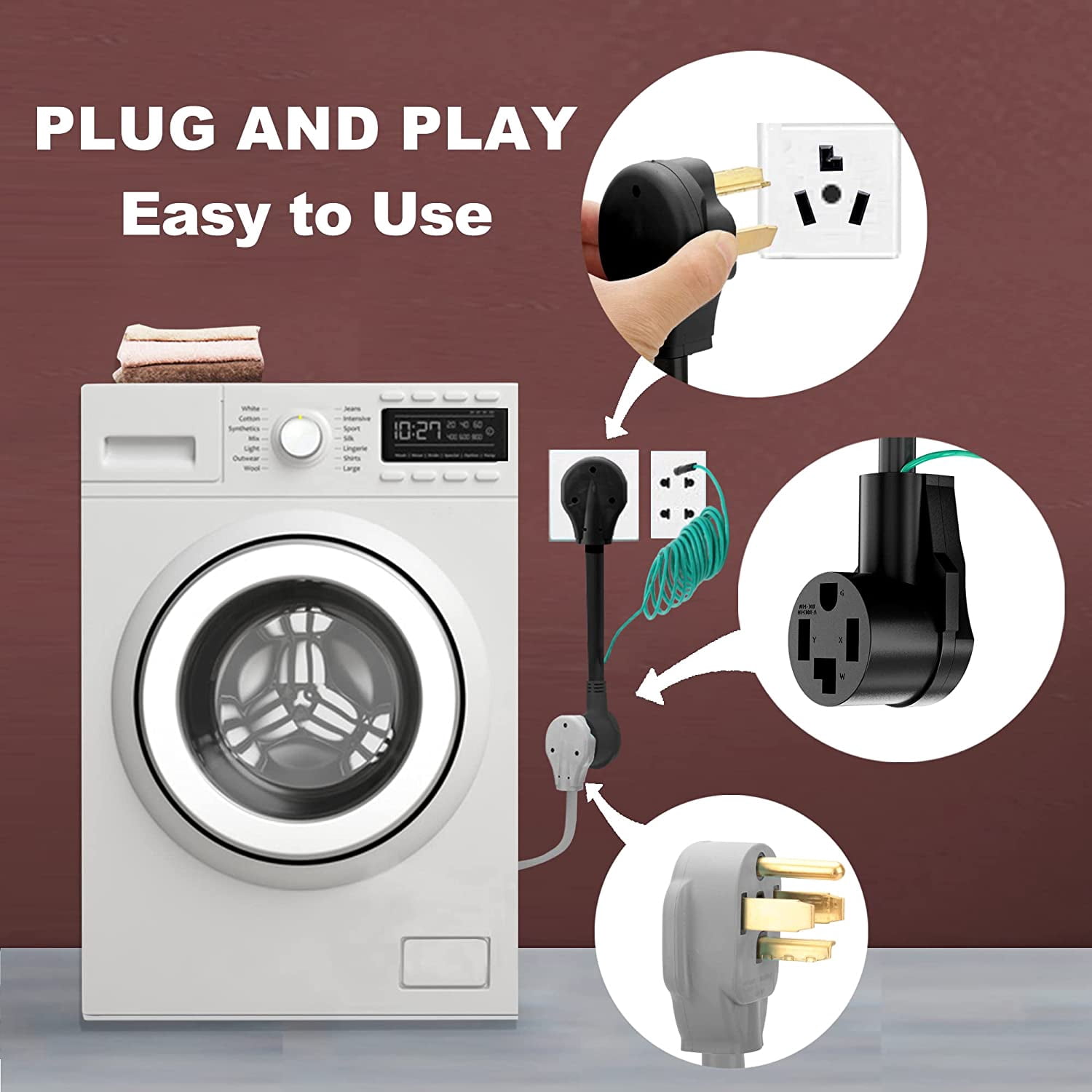 Dryer Adapter 4 Prong to 3 Prong, 4P Newer to 3P Older House, Convert Cord NEMA 10-30P Plug to 14-30R Receptacle, 10 AWG STW 1.5FT With Safety Ground Wire, ETL Listed
