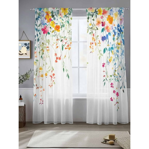 Flower Leaf Sheer Curtains for Living Room Bedroom Country Style Colored Flower Branch Plant Sheer Curtains 108 Inch Long 2 Panels Set Light Filtering Curtain Window Treatments Drapes for Dining Room