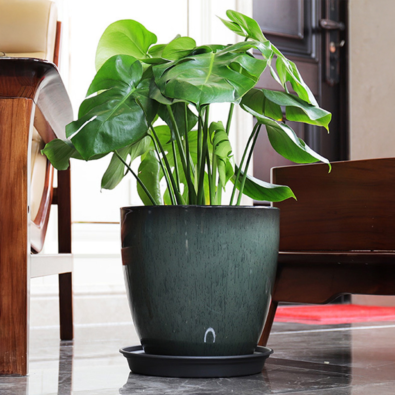Hyasfey Deep Flower Pot Imitation Ceramic Plant Pot with Drainage Hole Resin Monstera Planter with Saucer for Indoor Outdoor Plants Home Garden Office Decor