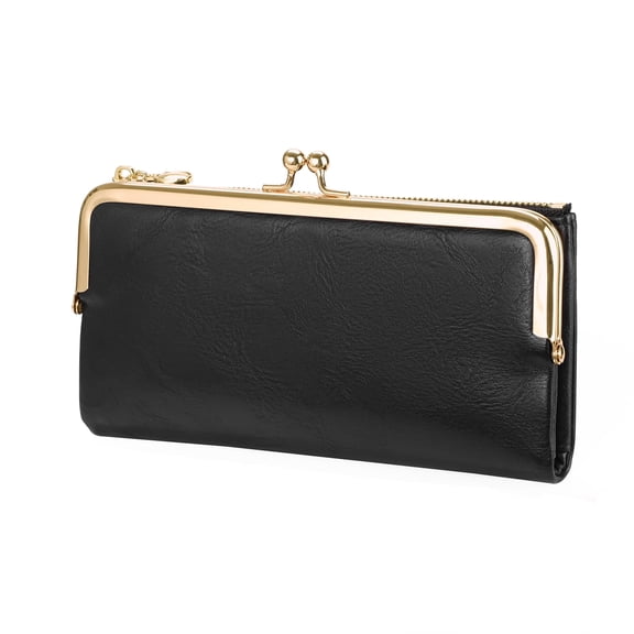 GOIACII Womens Wallet Ladies Vintage Billfold Compact Card Holder Long Zip Clutch Purse with Kiss Lock Black