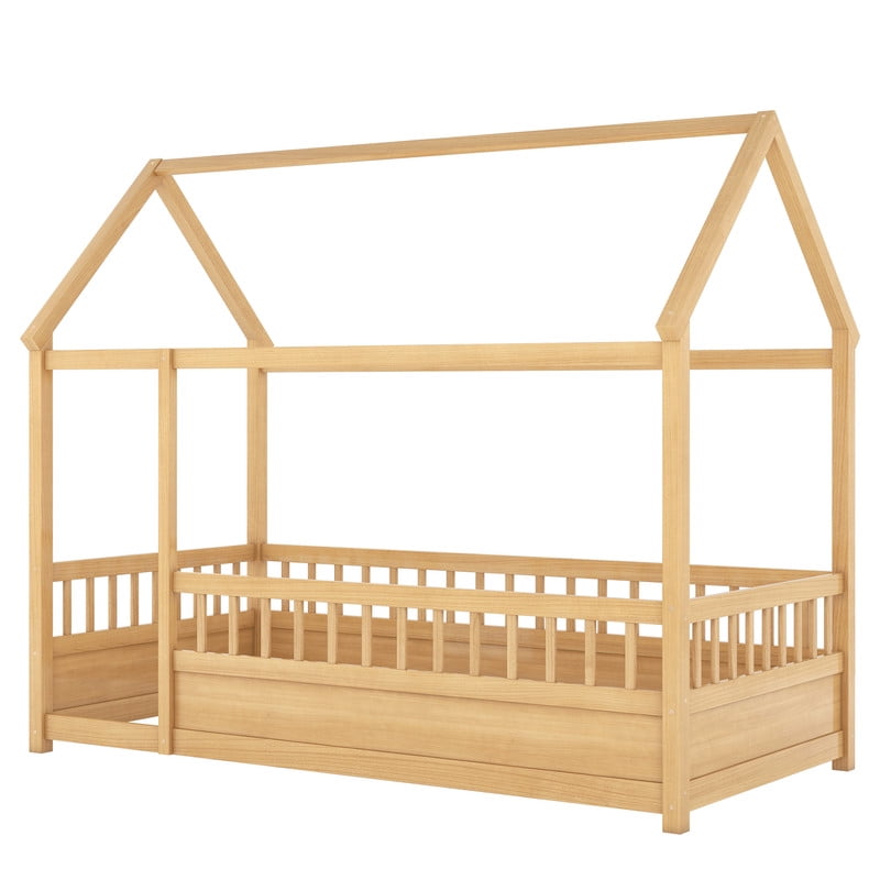Bellemave Twin Size Montessori Bed, Wood Twin House Beds with Fence, Floor Bed with Roof for Bedroom Playroom（Natural）