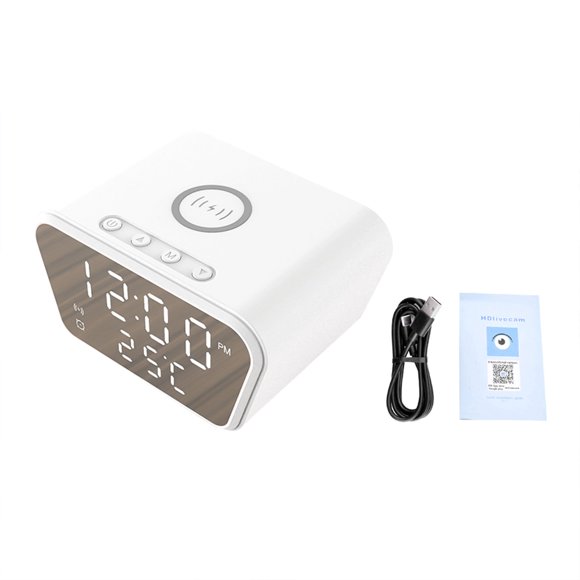 Ourlova 1080p Full HD WiFi Mini Camera Clock, Night Vision, Motion Detection, Wireless Charging Alarm Camcorder