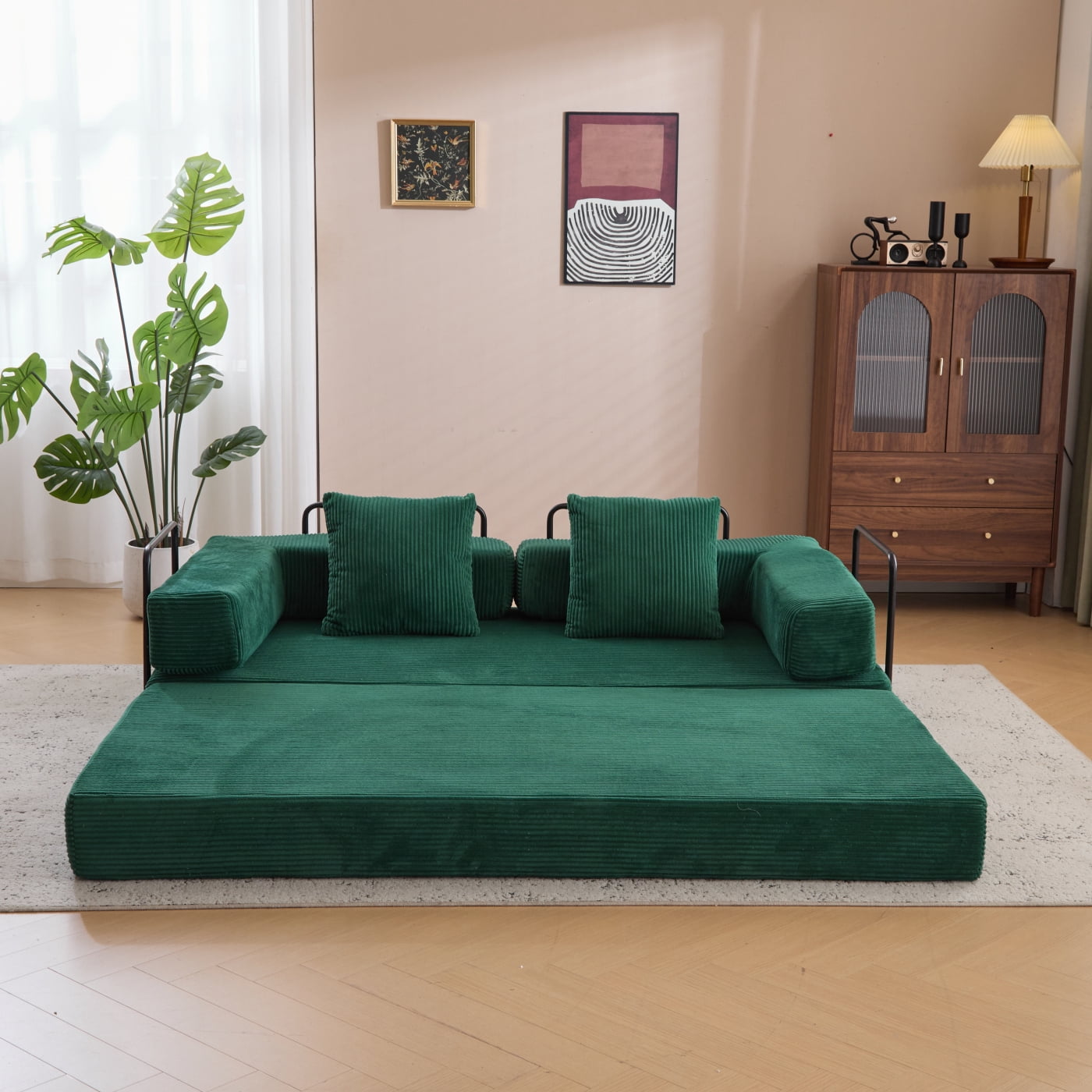 Jopath 76 Inch Convertible Sleeper Sofa Bed,Folding Floor Mattress Couch with Fixed-Shape Frame,Futon Boneless Couch Lounge Loveseat with Pull Out Bed, No Assembly Required,Dark Green+Corduroy