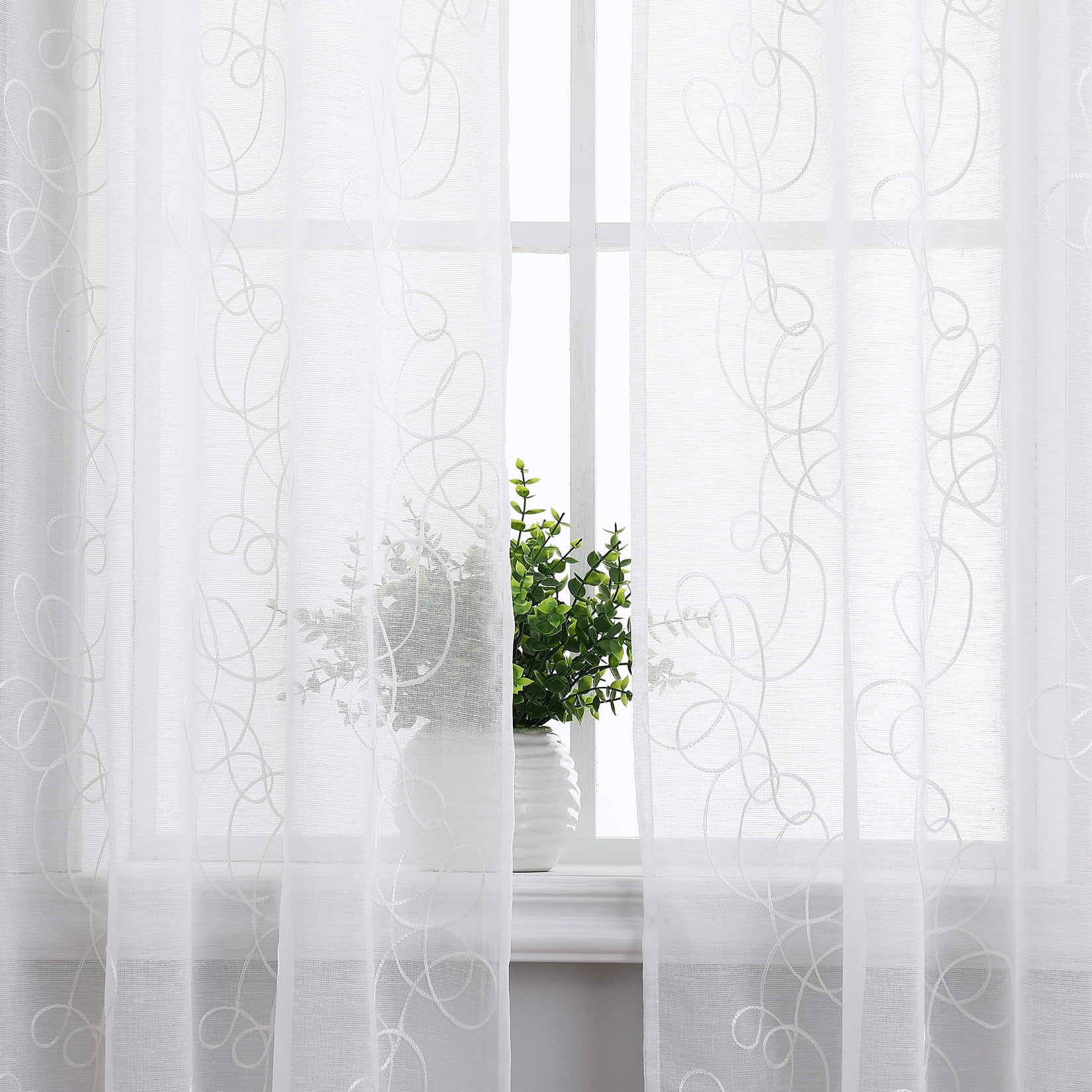 White Sheer Curtains 95 Inch Long Embroidered Semi Sheer Voile Window