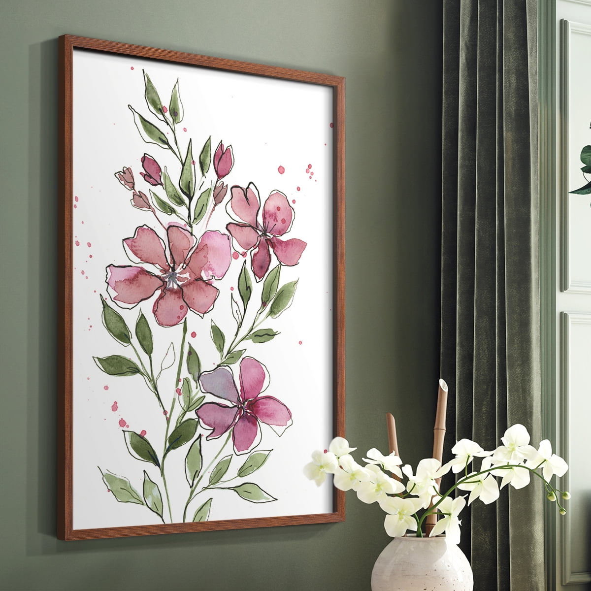 Watercolor Floral Stems I Framed Print in Brown Solid Wood 11 x 14 Framed Print