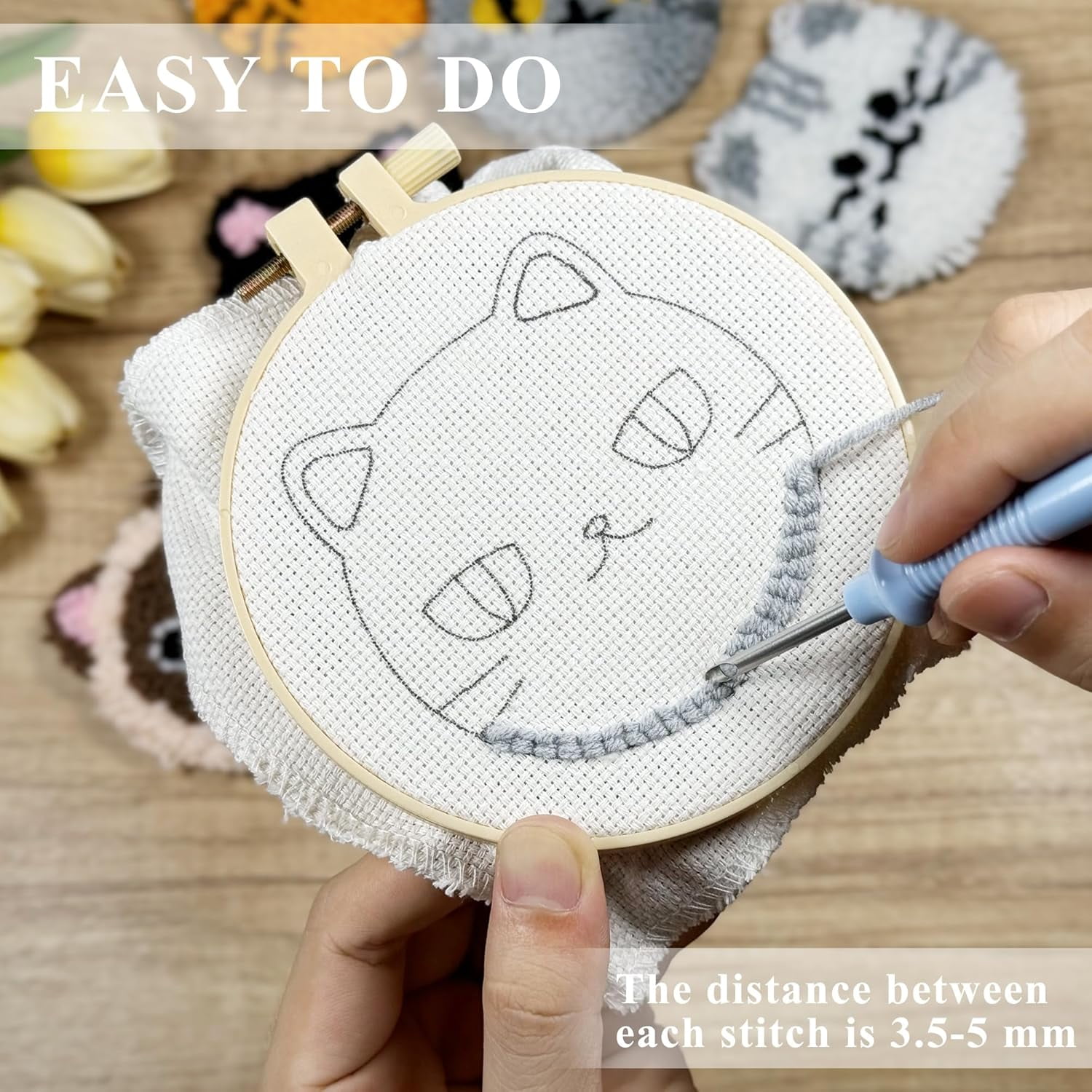 Punch Needle Coasters Kit for Adults Beginners, Cat Coasters Making Set with Adhesive Felt, Yarn, Embroidery Hoop, Instructions