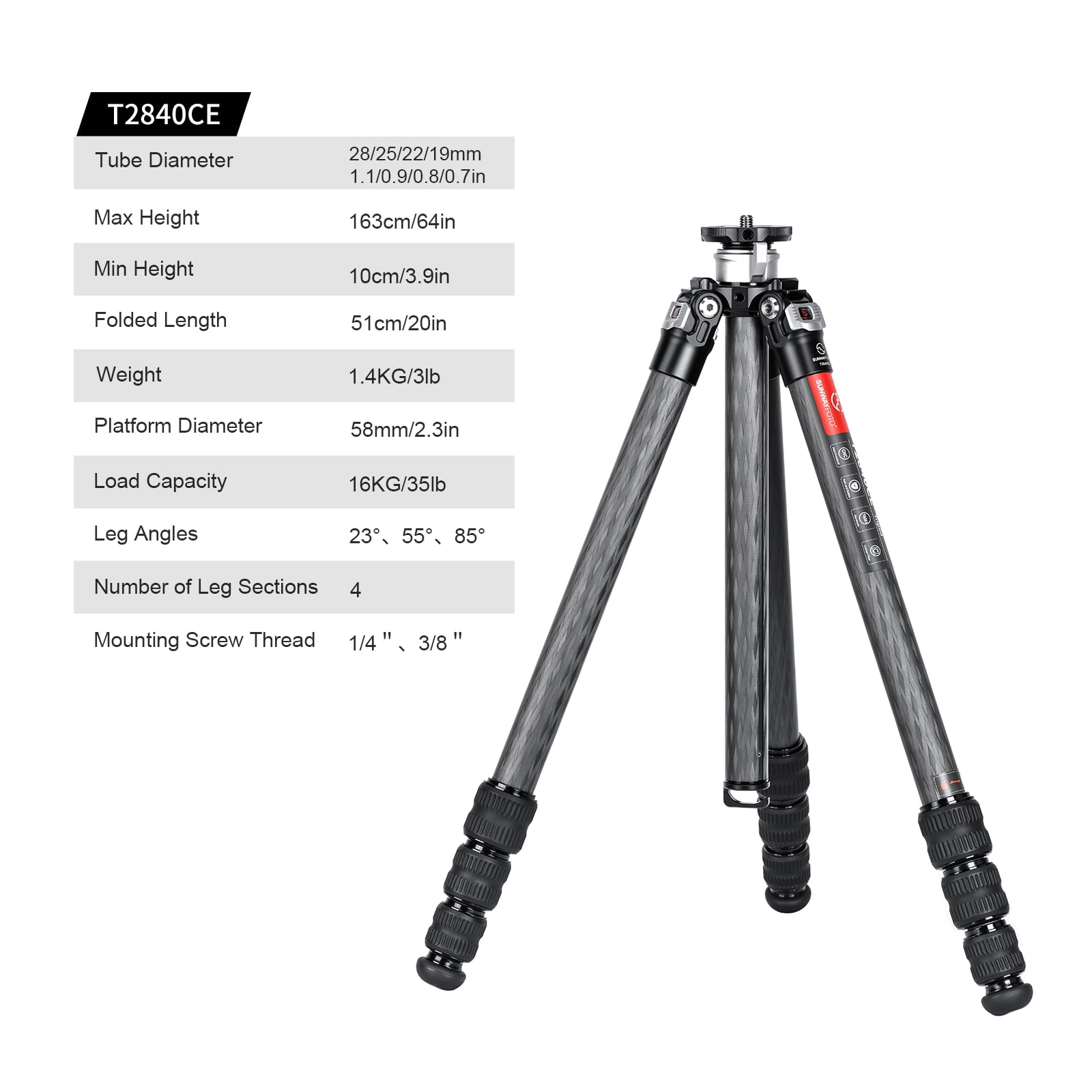 SUNWAYFOTO T2840CE Travel Tripod Carbon Fiber Professional Tripod Dslr Camera Waterproof,35.3lb Load