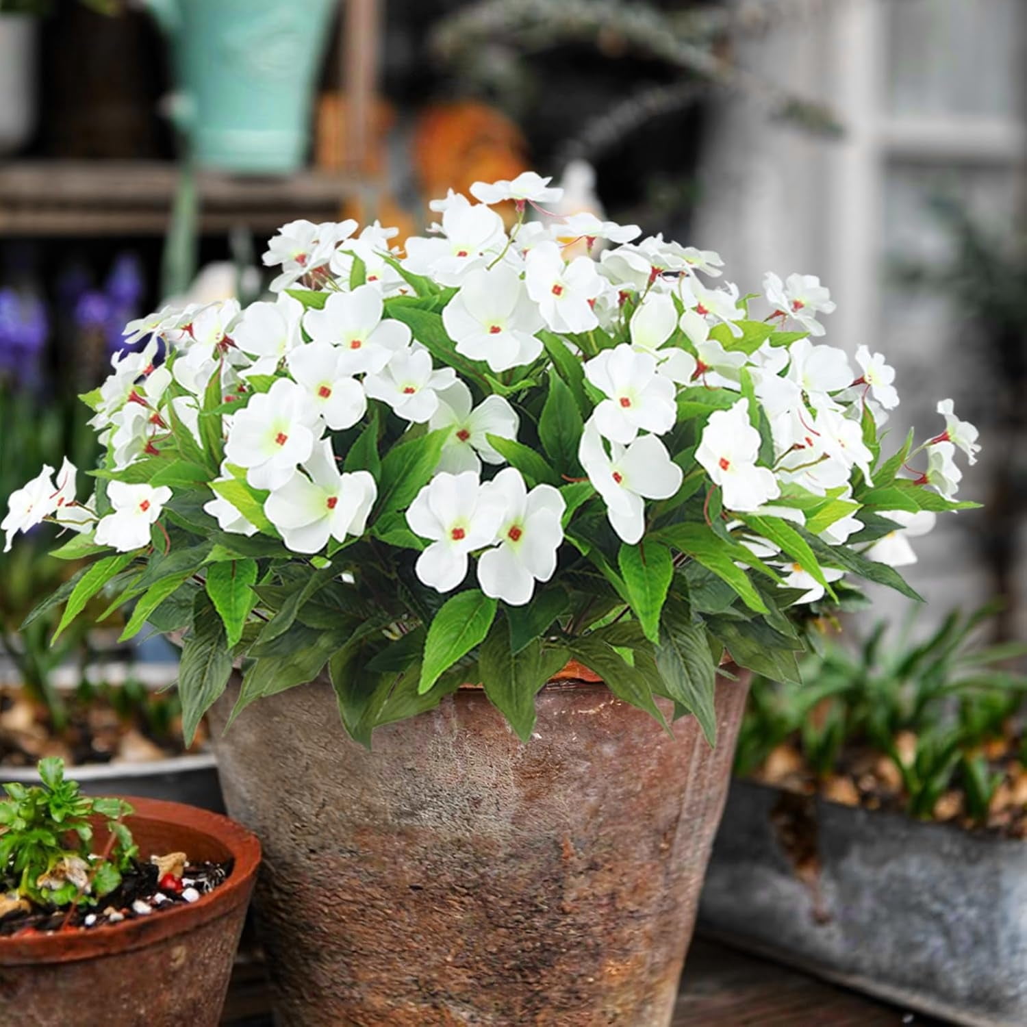 Artificial Impatiens Bouquet Flowers Topboutique Silk Fake Impatiens Flowers Impatiens Bush Lifelike Simulation Plastic Cloth Flowers for Patio Lawn Garden Wedding Photo Decor,4 Pcs White