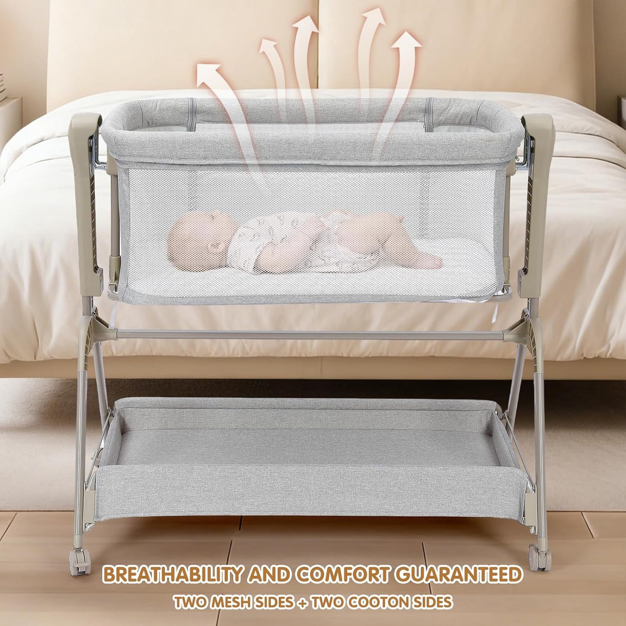 Ezebaby Baby Bassinet Bedside Sleeper, 3-in-1 Rocking Bassinet, Breathable Full-Mesh Baby Crib with 6 Height Adjustable and Lockable Wheels for Newborns