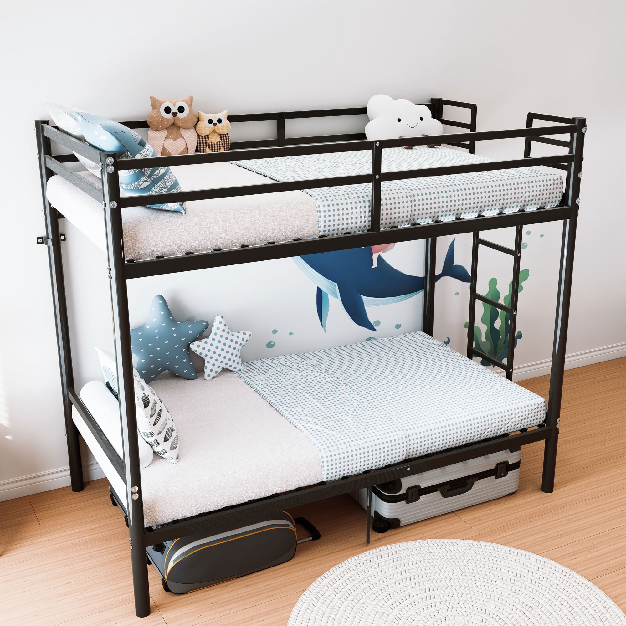 MAYEERTY Twin Over Twin Metal Bunk Bed, Heavy Duty 400 lbs Capacity Frame with Guardrail, Separable for Kids Adults Dorm, Black