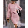 thumbnail image 3 of Zeagoo Womens Ribbed Knit Dress Long Lantern Sleeve Fall Bodycon Dress Crewneck Tie Waist Sweater Belted Dresses, 3 of 6