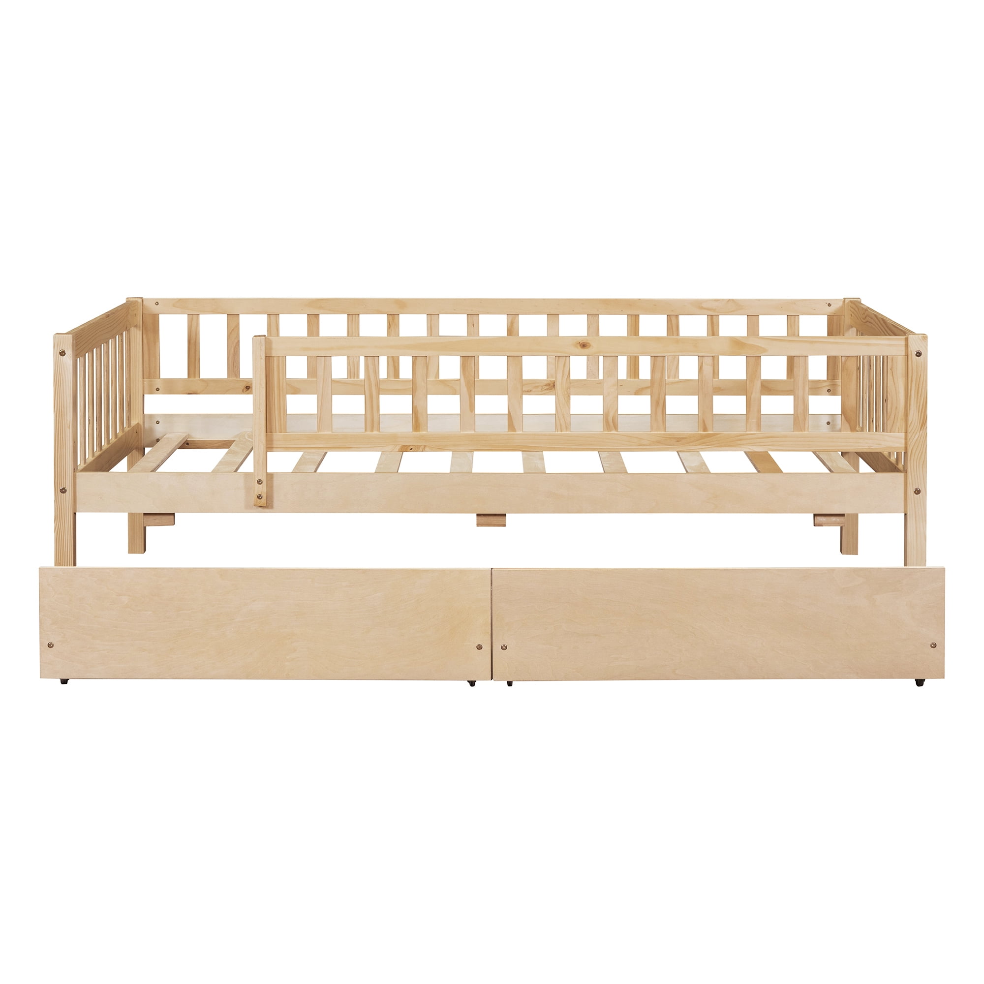Holaki Twin Size Wood Bed with Guardrails and 2 Storage Drawers for Kids, Natural