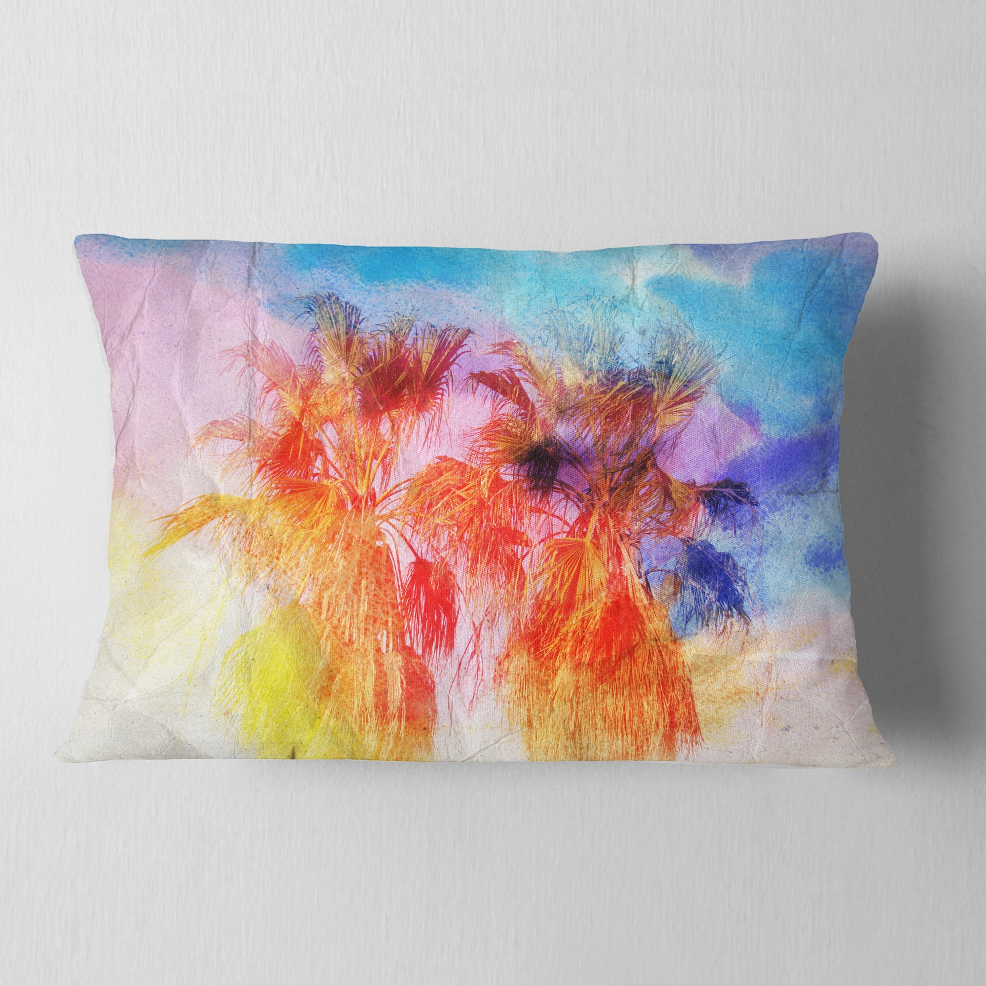Designart Colorful Retro Palm Trees - Landscape Painting Throw Pillow - 12x20