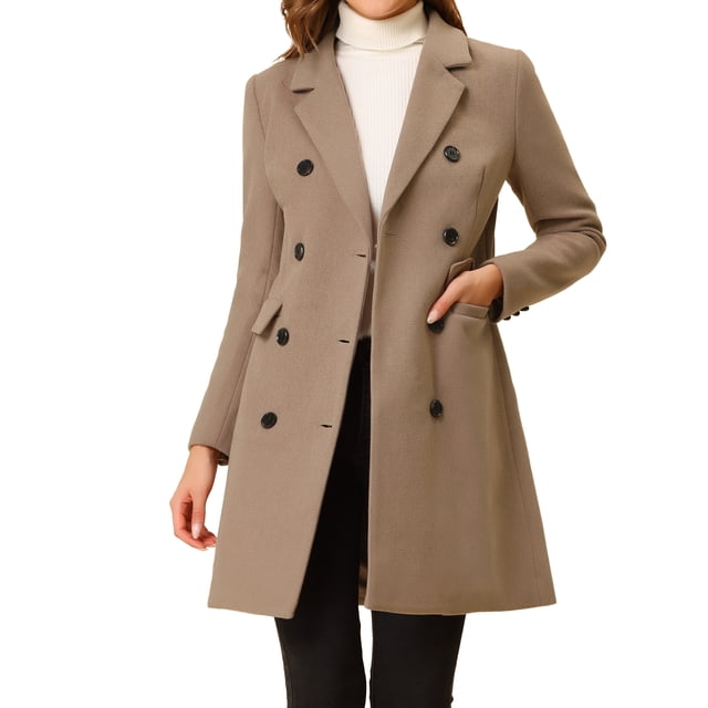 Abrigo de invierno para mujer INSPIRE CHIC, con solapa muesca, doble botonadura, color marrón claro, talla M