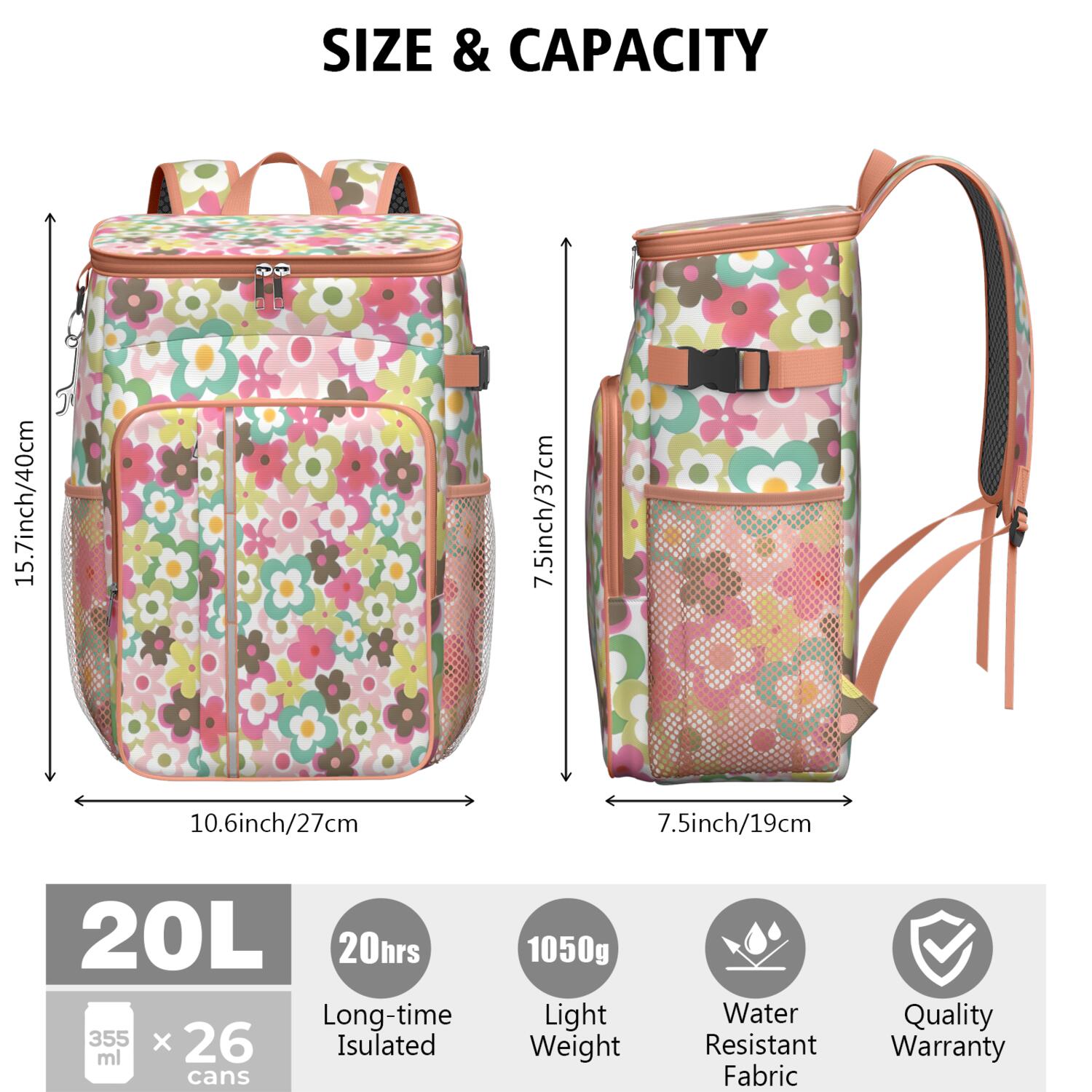 Travel Cooler Bag - Pioneer Flower Floral Print Pattern Camping Beer Cooler Backpack with Bottle Opener- Waterproof Insulated Picnic Backpacks - Cooler Bag for Beach