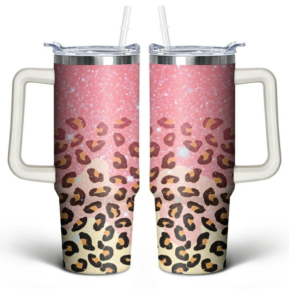 Pink Leopard Print 30 Oz Tumbler with Handle Lid and Straw, Stainless Steel Double Walled Vacuum Insulated Cup, Cute Anniversary Wedding Birthday Gifts Tumbler for Women Men Friends Outdoor Indoor